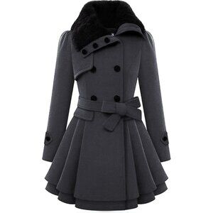 Women's Deep Grey Zeagoo Winter Trench Coat Faux Fur Lapel Double Breasted